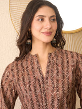 Women Brown Cotton Blend Ethnic Motifs Printed Regular Top-VT1378